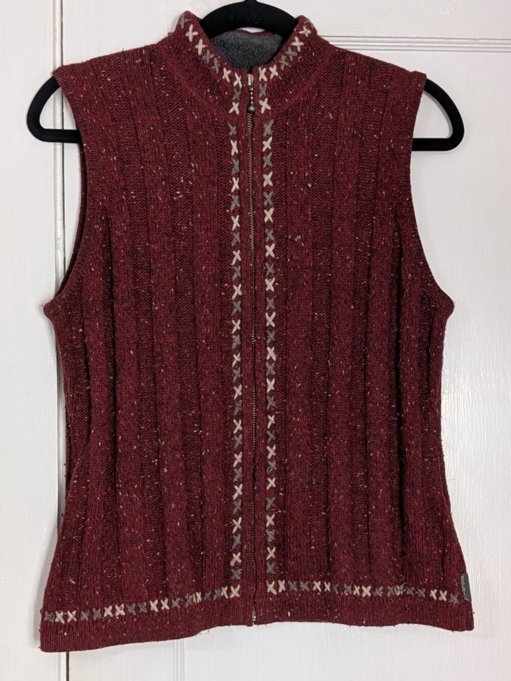 Woolrich Women's M Zip Up Sweater Vest Ruby Heather Knit Wool Blend Nordic Trim